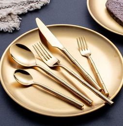 KuBac Hommi Cutlery Set Stainless Steel Steak Knife Fork Bamboo Design Golden Dinnerware Silver 24pcs 2107098231976