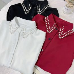 Blouse Women Spring Fall Double Layers Pearls Beaded Edging Lapel Satin Shirts Long Sleeved Faux Silk Blouse Bottom White Cardigan Tops