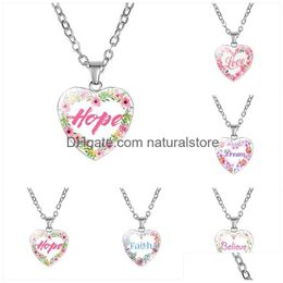 Pendant Necklaces New Inspirational Heart Shape Necklaces For Women Love Hope Dream Believe Faith Letter Glass Pendant Chains Fashion Dhqho