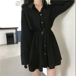 Dress Turndown Collar Button Shirt Dress Women Long Sleeve Collect Waist Elegant Fashion Black Clothing Fall 2021 Dresses Casusal