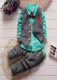 14yrs Baby Boys Plaid Clothes Set Pink Shirt Vest Pants Suit Kids Fall Little Gentleman Costume Children Clothing31077936004741