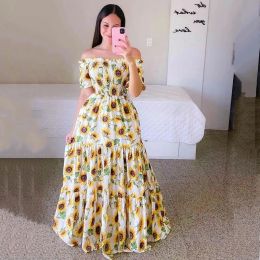 Dress Floral Long Dress Women Off Shoulder Maxi Short Sleeve Sunflowers Print Pleated Maxi Dresses Beach Bohemian Sundress Vestidos