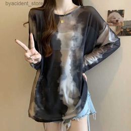 Men's Casual Shirts Women Clothing Summer Casual Tie Dye Net Yarn O-neck Long Sleeve T-Shirt Femme Simplicity Perspective Sunscreen Pullover Top Tee L240306