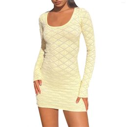 Casual Dresses Fashion Women's Summer Mini Knit Dress Yellow Long Sleeve Scoop Neck Open Back Party Vestidos Para Mujer