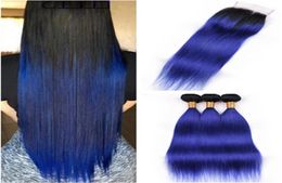 Malaysian Human Hair Dark Blue Ombre Body Wave Weave Bundles 3Pcs with Closure 1BBlue Ombre Hair Wefts with 4x4 Front Lace Closu5568289