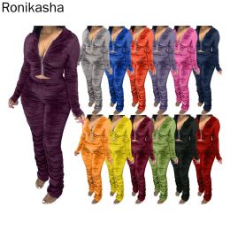 Suits Ronikasha Women Velour Sweatsuits Sexy Ruched 2 Piece Outfits Hoodie Jackets Sweatpants Joggers Sets Velvet Track Suits