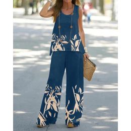 Suits Summer Women Tropical Print Round Neck Sleeveless Tank Top & Wide Leg Pants Set Causal Streetwear New In Suit 2023 y2k Clothes