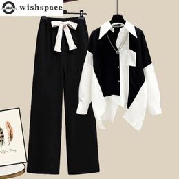 Black and White Patchwork Chiffon Dust Casual Wide Leg Pants Twopiece Set Elegant Womens Summer Office Outfits 240306