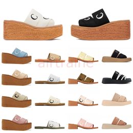 Luxury Woody Summer Beige Brown Slippers Wholesale Square Slides Designer Sandals Famous Womens Soft Beach Platform Canvas Embroidery White Black Pink