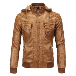 Casual Motorcycle Leather Jacket Men Winter Fleece Warm PU Jacket Vintage Hooded Men Faux Leather Bomber Coat Men Clothes S-3XL 240227