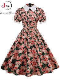 Dress Women Vintage Dress Floral Print Peter pan Collar Elegant Party Dress Puff Short Sleeve Pin Up 50s Party Sundress 3XL