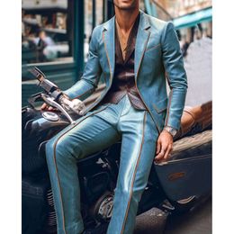 Men Slim Fit Blazer & Pants 2pcs Set Contrast Trim Notch Lapel PU Leather Jacket Male Business Casual Prom Suit Moto Style