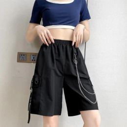 Shorts 2023 New Women's Summer Shorts Casual Ribbons Black Bermuda Shorts For Girls Knee Length Pants with chain