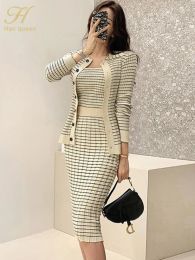 Suits H Han Queen Korean Knitting 3 Pieces Set Women Knitted Sling + Cardigan And Pencil Skirts Casual Simple Office Lady Skirt Suit