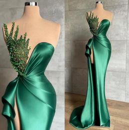 2022 Hunter Verde Sereia Vestidos de Noite para Mulheres Africanas Longo Sexy Side High Split Brilhante Beads Sem Mangas Formal Party Illusion Prom Party Vestidos sxm18