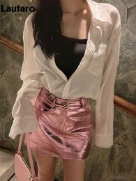 skirt Lautaro Summer Autumn Pink Silver Reflective Shiny Patent Leather Mini Skirts for Women High Waist A Line Short Sexy Y2K Clothes