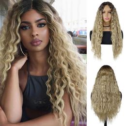 Hair Wigs Synthetic Long Curly Wave Wig Dark Root Ombre Blonde for Women Girls Cosplay Party Sexy Water Natural 240306