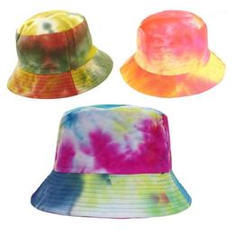 Women Men Harajuku Tie-Dye Contrast Coloured Bucket Hat Reversible Packable Wide Brim Sun Visor Hip Hop Cotton Fisherman Cap1273d