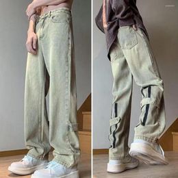 Men's Jeans Retro Style Vintage Wide Leg With Zipper Decor Streetwear Solid Color Loose Fit Pants Pockets For A