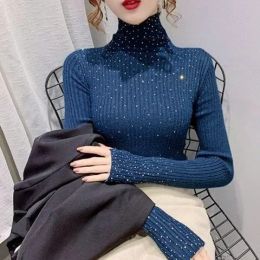 Pullovers Thick Starry Hot Diamond Knit Sweater Woman Autumn and Winter TurtleNeck Black Stretch Tight Show Skinny Underwear Bottoming Top