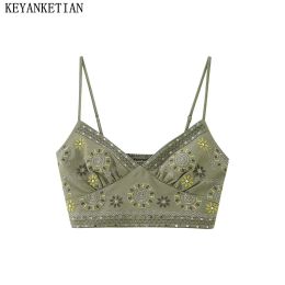 Camis KEYANKETIAN Bohemian Ladies Floral Embroidered Camisole Top New Summer Stretch Patchwork Army Green Ultra Short Crop Corset Top