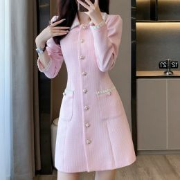 Dress Women Autumn Pink Longsleeved French Small Fragrance Dress Korea Fashion Slim Sweet Office Tweed Onepiece Dress Mujer 1682