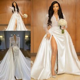 Illusion Pearls Crystal country wedding dresses african long sleeve Side Split Arabic Satin church garden bridal reception gowns Robe