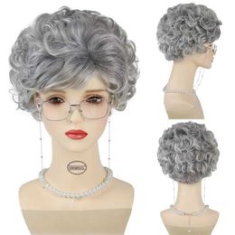 Hair Wigs Gray Old Lady Wig Granny Glasses Pearl Necklace 3 Pcs/Set Kid Grandma Cosplay Wig for Christmas School Thanksgiving Day 240306