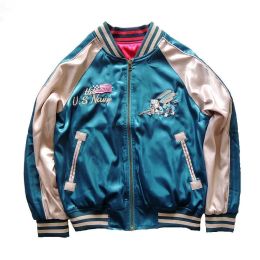 Jackets Harajuku Lovers Couples Bees Embroidery Reversible Jacket Faux Silk Baseball Satin Bomber Jacket Spring Doublesided Streetwear