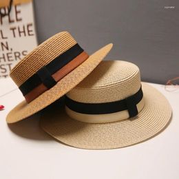 Berets Hats For Women Korean Flat Top Big Brim Straw Hat Summer Sunshade Sunscreen Beach British Retro Gorras