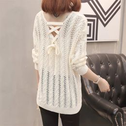 Pullovers Hollow Out Thin Summer Women Knitted Pullover Tops Casual Mesh Pull Jumper Female ONeck Cool Sweater Ladies Long Sleeve Top