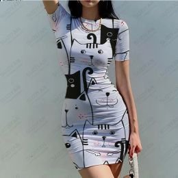 Dress 2023 Summer New Fashion Sexy Women's Short Sleeve Round Neck Dress Personalized Cat 3D Print Beach Dress Hawaii Casual Fit Dress