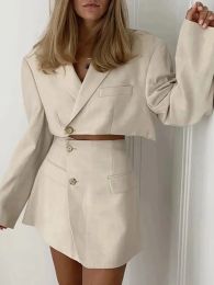 Dresses Women Elegant Blazer Skirt Sets Long Sleeve Sexy One Button Cropped Tops and High Waist Cross Slit Mini Skirt 2 Pieces Set Suits