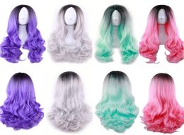 Multicolor Women Long Wave Synthetic Dyed Wig Ladies Black Purple Pink Gray Gradient Heat Resistant Cosplay Wigs Ombre Color Wavy 5624153