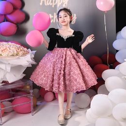 2024 Kids Flower Girl Dress with Hand Made crystals beaded Flowers First holy Communion Gowns Princess long sleeves 3D rose flowers new Ball Gown Wedding Party Dress