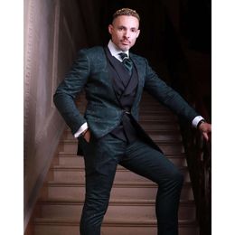 Green Floral Pattern Wedding Tuxedos Men Suits Stand Collar Customised 3 Pieces Groom Wear Party Blazer Vest Pant Sets
