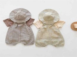 Summer Infant Boys Girls Clothes Set Korean Style Cotton Tshirt Plaid Jumpsuit Hat born Baby Romper Clothing 210515292C69399888102165