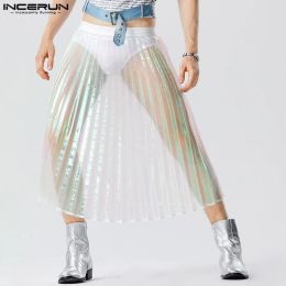 Pants 2023 Men Skirts Patchwork Shiny Elastic Waist Transparent Loose Unisex Trousers Pleated Streetwear Fashion Men Bottoms INCERUN