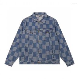 Men's Tracksuits Checkerboard Patchwork Washed Blue Denim Jacket And Jeans Set