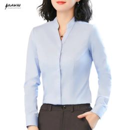 Shirt NAVIU High End Long Sleeve Shirt Women V Neck Professional Formal Slim Blouses Office Ladies Work Tops White