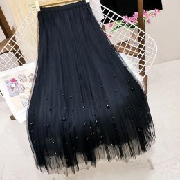 skirt Heavy hammer bead net new gauze skirt of tall waist skirts fairy female temperament a word skirt long pleated skirt