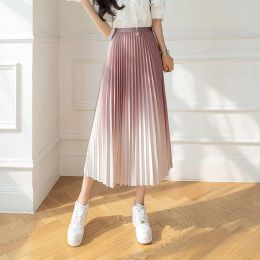 Skirts Casual Simple ALine Gradient Color Skirt New Women'S Pleated Skirts Korean Style Elastic High Waist Long