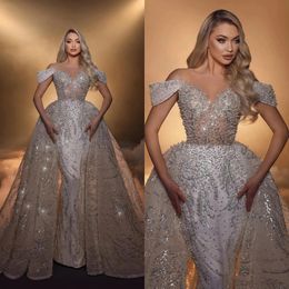 Gorgeous Off Shoulder Mermaid Wedding Dress Sequins Pearls Bridal Gowns with Overskirts Illusion Bride Dresses Custom Made Vestido de novia