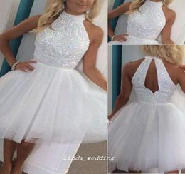 Sparkly White Halter Prom Dress Custom Made Sexy Ball Gown Zipper Back Party Gown Plus Size8788068