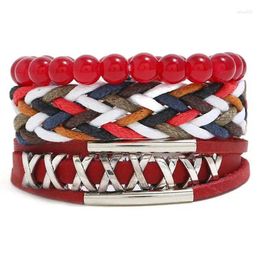 Link Bracelets Fashion Women Set Multilayer Braided Leather Alloy X Rivets Charm Beads Wristbands Bangle Handmade Rock Hippie Jewellery