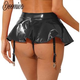 skirt Sexy Women Latex Leather Ruffled Skirts Wetlook Party Low Waist Builtin Thongs Miniskirt with Garter Belts Clips Dance Clubwear