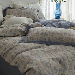 Bedding Sets High Quality Double Layer Yarn Set Pure Washed Cotton Blue Duvet Cover Retro Plant Jacquard Quilt Fitted Sheet