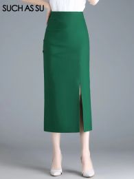 Skirt SUCH AS SU New Fashion 2023 Summer Jersey Sexy Skirt Women Black Green Red High Waist Occupation Work Pencil MidLong Skirt