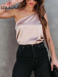 Camis Sexy Women Camis Tops Summer One Shoulder Backless Casual Black Office Lady Basic Satin Silk Tank Tops Asymmetry Strip Crop Tops