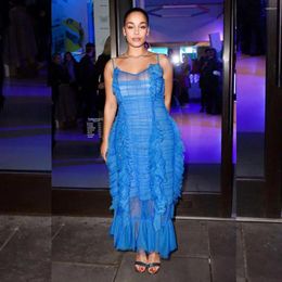 Casual Dresses Eye Catching See Thru Blue Sheath Women Maxi To Party Ruffles Trimmed Tulle Ankle Length Female Gowns